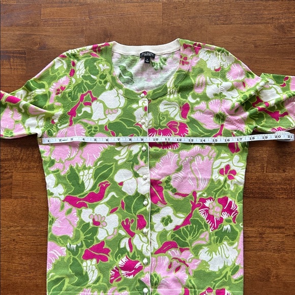 Talbots floral print women’s cardigan quarter length sleeve green pink size S - Picture 3 of 7